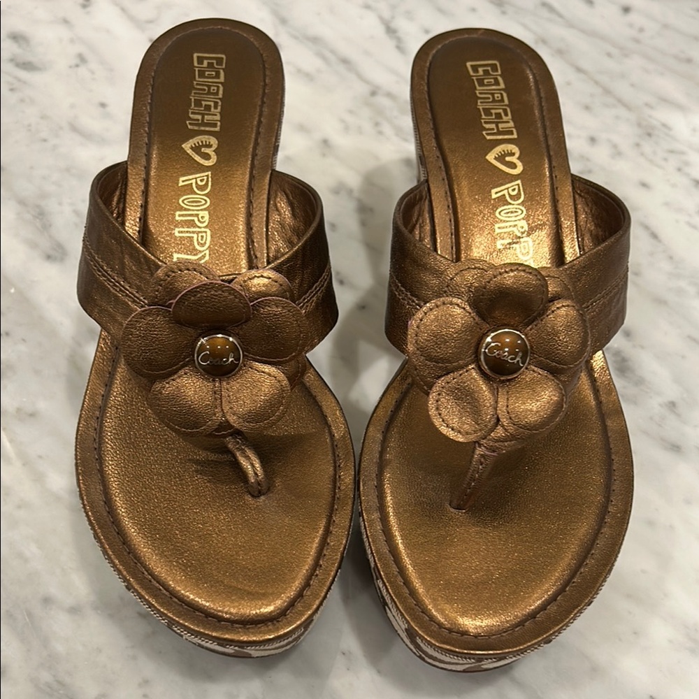 Coach Gold Sandals with Thong Design and Medallion Accent